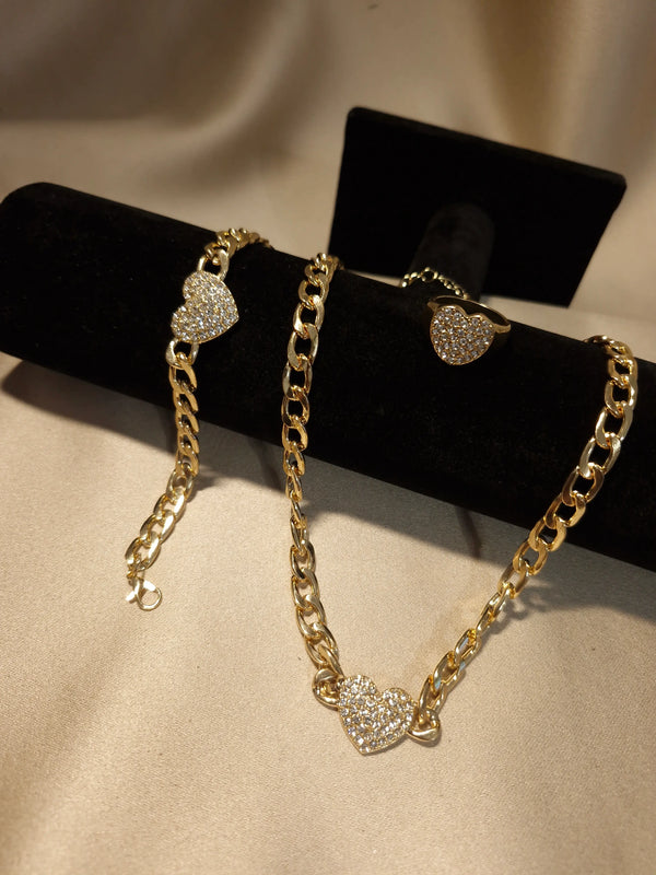 Set Colier, bratara și inel cu inima mare și cristale