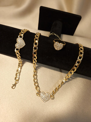 Set Colier, bratara și inel cu inima mare și cristale