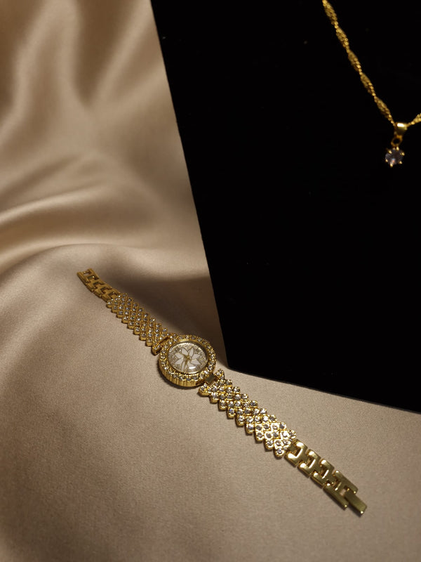 Set ceas Gold cu pietre stralucitoare, bratara Tennis , lănțișor, cercei si inel - Lucky Charm