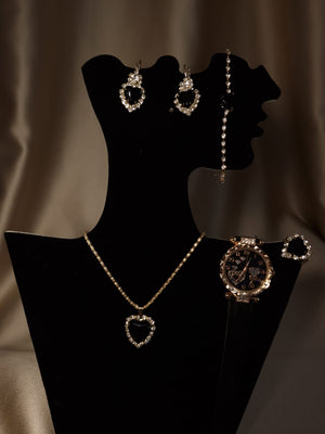 Set ceas curea piele eco neagra și bijuterii inimi cu pietre stralucitoare - Lucky Charm