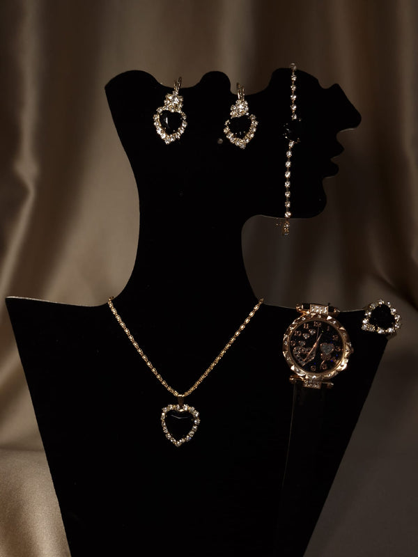 Set ceas curea piele eco neagra și bijuterii inimi cu pietre stralucitoare - Lucky Charm
