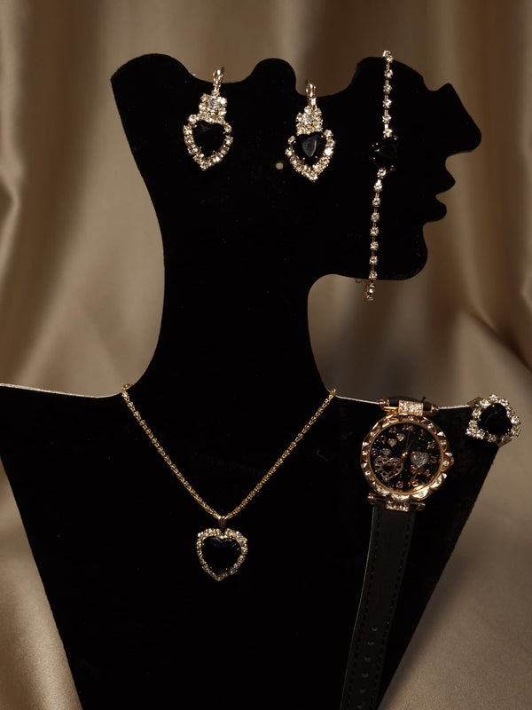 Set ceas curea piele eco neagra și bijuterii inimi cu pietre stralucitoare - Lucky Charm